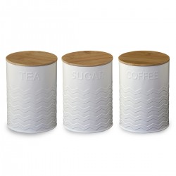 סט שלוש קופסאות מתכת עבה בצבע לבן לתה, קפה וסוכר